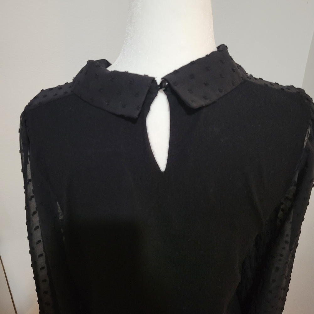 Adrianna Papell Babydoll Sheer Polka Dot Collared Black Long Sleeve Blouse | S - Picture 6 of 9
